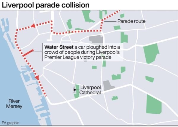 Graphic locates Liverpool parade collision. See story POLICE Liverpool. Infographic PA Graphics. An editable version of this graphic is available if required. Please contact graphics@pamediagroup.com.