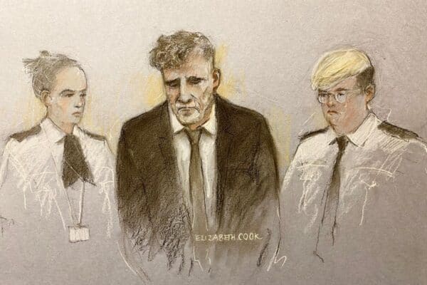 Court artist sketch by Elizabeth Cook of Paul Doyle, 53, appearing at Liverpool Magistrates' Court, where he was remanded in custody charged with seven offences following the incident in Liverpool city centre on Monday when a car ploughed into a crowd at Liverpool FC's victory parade, which resulted in 79 people suffering injuries. Picture date: Friday May 30, 2025.