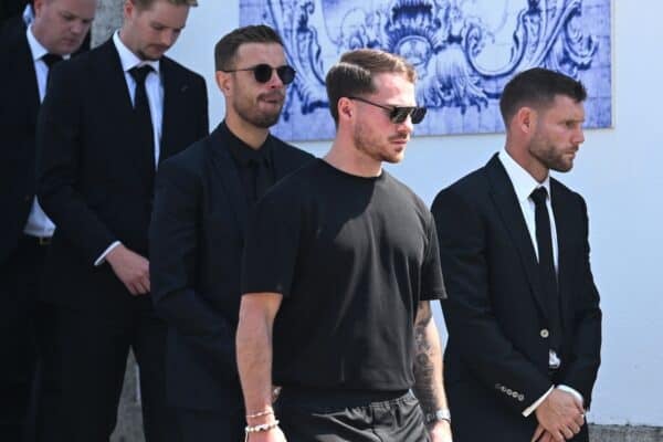 Jordan Henderson and James Milner leave the funeral of Diogo Jota (PA)