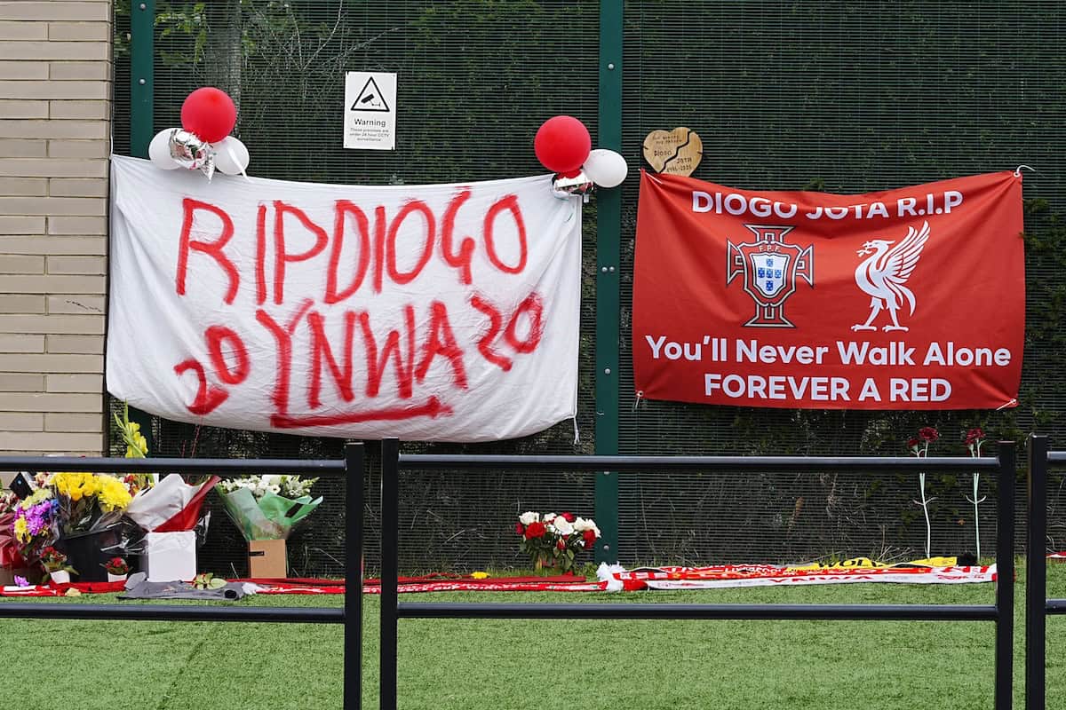 Liverpool fans have left tributes to Diogo Jota outside the club’s AXA Training Centre (Peter Byrne/PA)