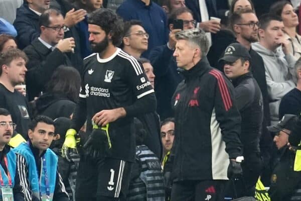 Liverpool goalkeeper Alisson Becker looks on after being substituted off for a possible injury during the UEFA Champions League, league stage match at RAMS Park in Istanbul, Turkey. Picture date: Tuesday September 30, 2025.
