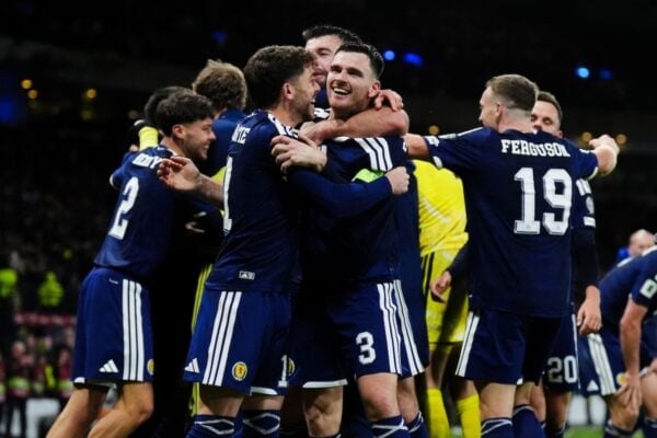Andy Robertson celebrates with Ryan Christie (Andrew Milligan/PA)