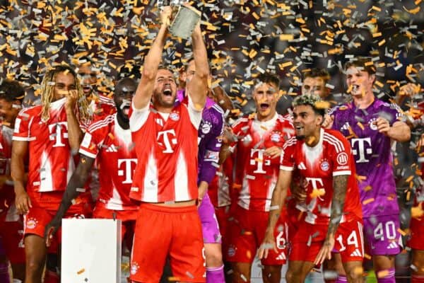 Harry Kane lifts the trophy, Luis Diaz Bayern (Tom Weller/AP)