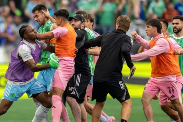 Seattle Sounders players and staff and Inter Miami players and staff scuffle after the Leagues Cup final (Stephen Brashear/AP)
