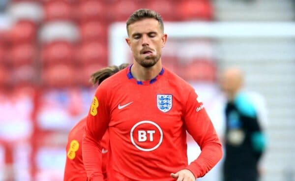 England's Jordan Henderson warms up on the pitch ahead of the International Friendly at The Riverside Stadium, Middlesbrough. Picture date: Wednesday June 2, 2021.