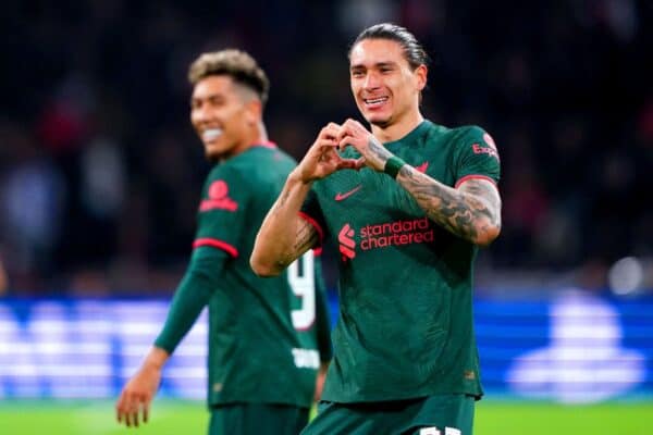 Darwin Nunez celebrates scoring Liverpool’s second goal against Ajax (Zac Goodwin/PA)