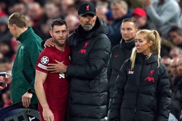 James Milner (left) was substituted by Jurgen Klopp due to the effects of concussion in Liverpool’s win over Napoli (Nick Potts/PA)