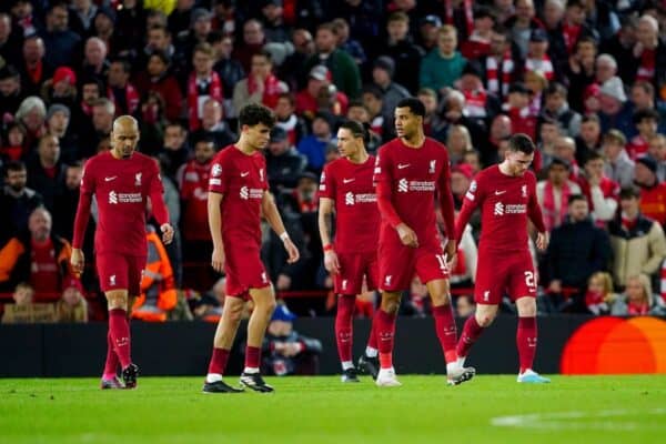 Dejected Liverpool players vs. Real Madrid, Bajcetic, Gakpo, Fabinho, Nunez, Robertson (Image:Peter Byrne/PA)