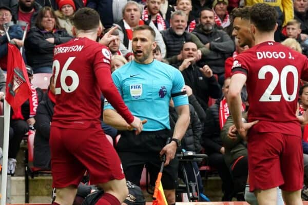 Andy Robertson appeals to assistant referee Constantine Hatzidakis (Nick Potts/PA)