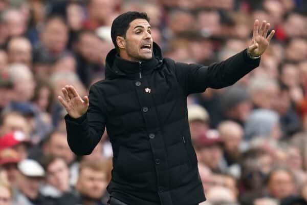 Arsenal manager Mikel Arteta on the touchline during the Premier League match at Anfield, Liverpool. Picture date: Sunday April 9, 2023.