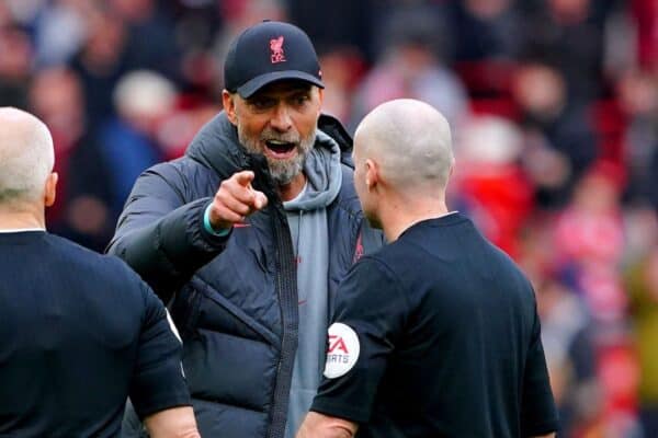 Jurgen Klopp accused referee Paul Tierney, second right, of unprofessionalism after Liverpool's draw with Tottenham at Anfield (Peter Byrne/PA)