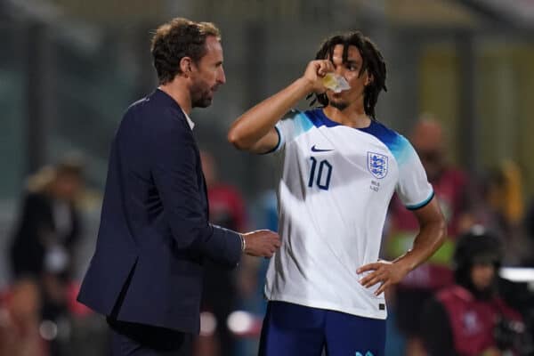 England manager Gareth Southgate and Trent Alexander-Arnold speak on the touchline during the UEFA Euro 2024 Qualifying Group C match at the National Stadium Ta'Qali, Attard. Picture date: Friday June 16, 2023.