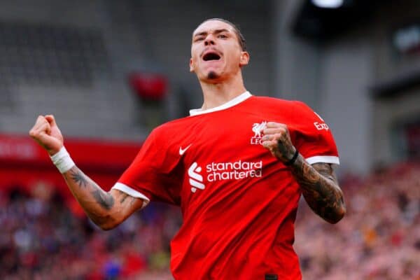 Darwin Nunez celebrates scoring Liverpool’s second goal against West Ham (Peter Byrne/PA)