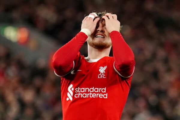 Liverpool's Harvey Elliott (left) reacts after a missed attempt on goal during the Carabao Cup quarter final match at Anfield, Liverpool. Picture date: Wednesday December 20, 2023.