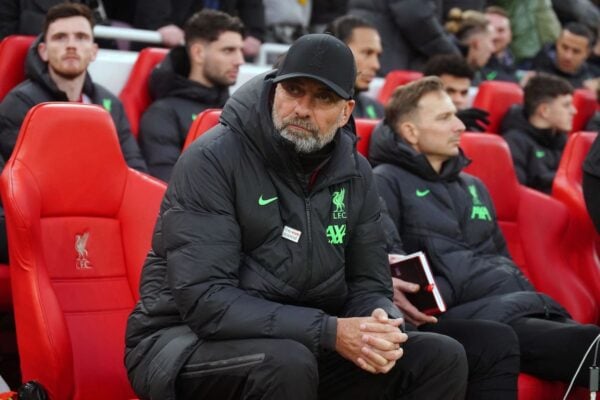 Jurgen Klopp was in the dugout for the first time since announcing he will be leaving Liverpool in the summer (Peter Byrne/PA)