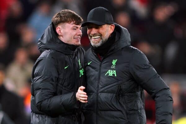 Liverpool manager Jurgen Klopp and Conor Bradley after the Premier League match at Anfield, Liverpool. Picture date: Wednesday January 31, 2024.