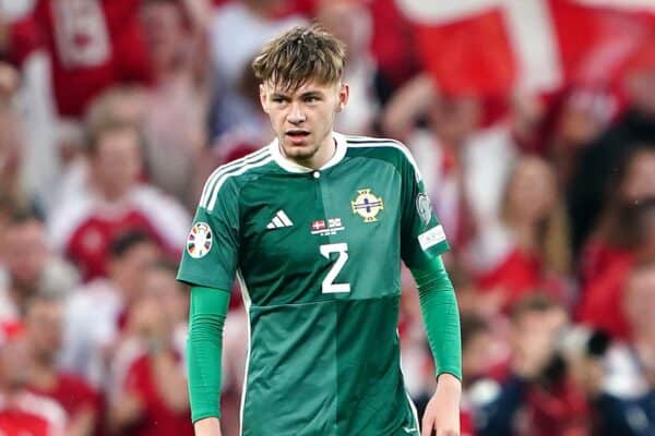 Northern Ireland's Conor Bradley looks dejected after Denmark's Jonas Wind (not pictured) scores their side's first goal of the game during the UEFA Euro 2024 Qualifying Group H match at Parken Stadium, Copenhagen. Picture date: Friday June 16, 2023.