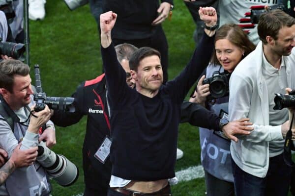 Leverkusen head coach Xabi Alonso celebrates his team’s Bundesliga title success (David Inderlied/dpa via AP)