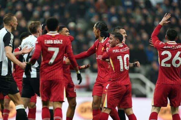 Liverpool players appeal for a penalty. Liverpool drew 3-3 on Tyneside (Owen Humphreys/PA)
