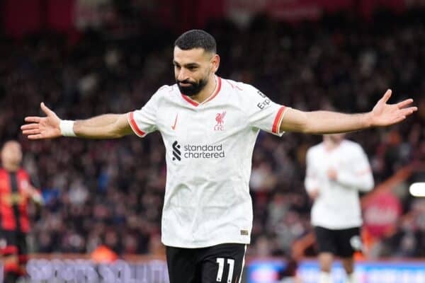 Liverpool’s Mohamed Salah celebrates his second goal (John Walton/PA)