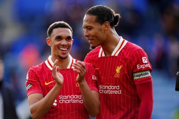 Liverpool’s Trent Alexander-Arnold (left) and Virgil van Dijk (right) celebrate at the final whistle (Mike Egerton/PA)