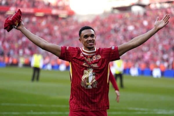 Trent Alexander-Arnold celebrates Liverpool’s Premier League title success. April 27, 2024. Anfield. Champions 2025 (Peter Byrne/PA)
