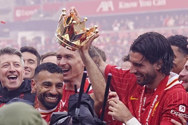 Liverpool's Mohamed Salah (left) and Dominik Szoboszlai celebrate with the Premier League trophy after the Premier League match at Anfield, Liverpool. Picture date: Sunday May 25, 2025. (Peter Byrne/PA)