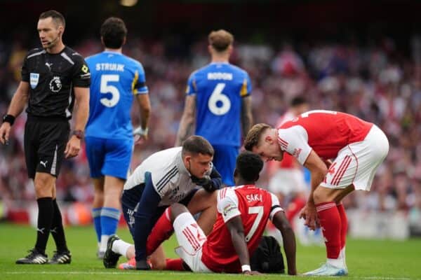 Arsenal’s Bukayo Saka against Leeds. Picture date: Saturday August 23, 2025. (John Walton/PA)