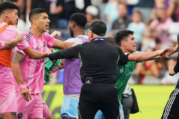 Inter Miami forward Luis Suarez is separated from Seattle Sounders players and staff after the Sounders won the Leagues Cup final (Lindsey Wasson/AP)