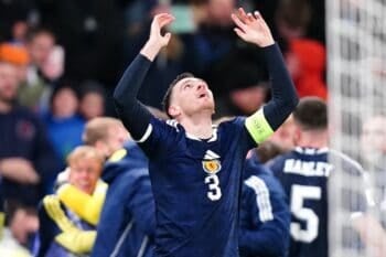 Scotland's Andrew Robertson celebrates after qualifying for the 2026 World Cup after beating Denmark 4-2 in their final qualifier at Hampden Park, Glasgow. Picture date: Tuesday November 18, 2025. Scotland v Denmark – 2026 FIFA World Cup European Qualifiers – Group C – Hampden Park
