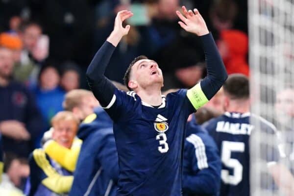 Scotland's Andrew Robertson celebrates after qualifying for the 2026 World Cup after beating Denmark 4-2 in their final qualifier at Hampden Park, Glasgow. Picture date: Tuesday November 18, 2025.
