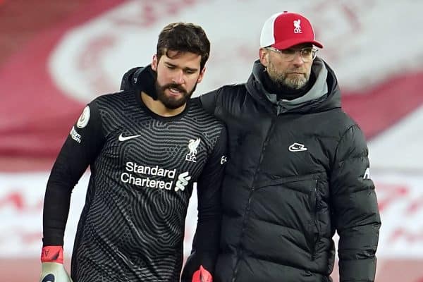 Alisson and Jurgen Klopp have discussed the errors he made in the Manchester City match (Jon Super/PA)