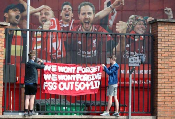 Liverpool fans protest against the clubs owners outside of Anfield (Martin Rickett/PA)