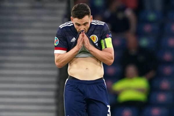 Scotland's Andrew Robertson looks dejected after they concede a third goal during the UEFA Euro 2020 Group D match at Hampden Park, Glasgow. Picture date: Tuesday June 22, 2021.