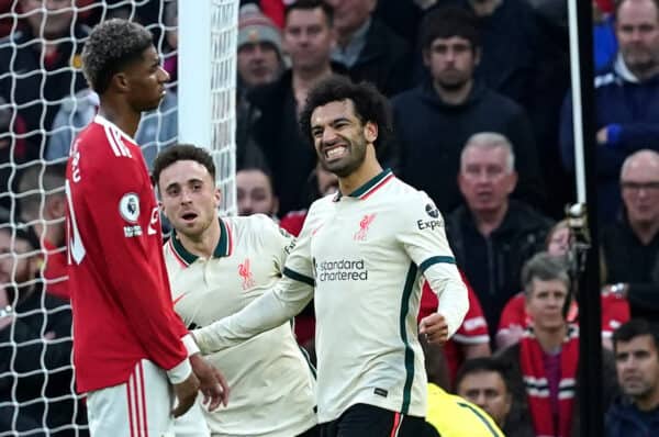 Liverpool's Mohamed Salah celebrates scoring their side's fourth goal of the game during the Premier League match at Old Trafford, Manchester. Picture date: Sunday October 24, 2021.