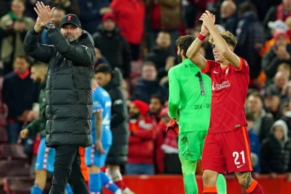 Liverpool manager Jurgen Klopp (left) and Kostas Tsimikas applauds the fans after the final whistle during the UEFA Champions League Group B match at Anfield, Liverpool. Picture date: Wednesday November 3, 2021.