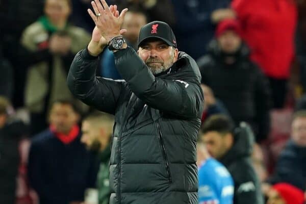 Liverpool manager Jurgen Klopp (left) and Kostas Tsimikas applauds the fans after the final whistle during the UEFA Champions League Group B match at Anfield, Liverpool. Picture date: Wednesday November 3, 2021.