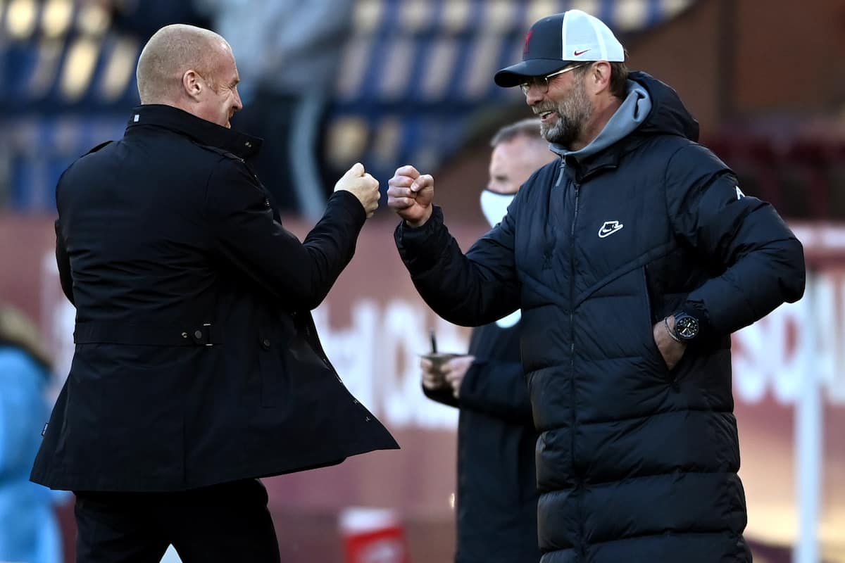 Liverpool manager Jurgen Klopp (right) and Burnley manager Sean Dyche ahead of the Premier League match at Turf Moor, Burnley. Picture date: Wednesday May 19, 2021.