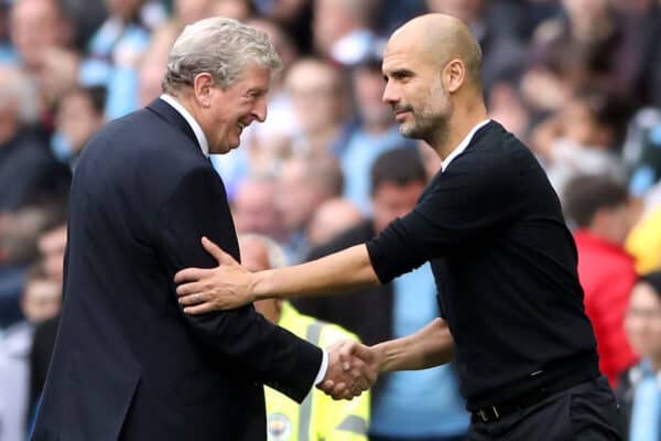 Roy Hodgson (left) and Manchester City manager Pep Guardiola shake hands after the Premier League match at the Etihad Stadium, Manchester. PRESS ASSOCIATION Photo. Picture date: Saturday September 23, 2017. See PA story SOCCER Man City. Photo credit should read: Nick Potts/PA Wire. RESTRICTIONS: EDITORIAL USE ONLY No use with unauthorised audio, video, data, fixture lists, club/league logos or "live" services. Online in-match use limited to 75 images, no video emulation. No use in betting, games or single club/league/player publications.