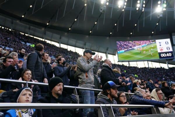 Tottenham fans in the safe standing area during last season’s FA Cup tie against Morecambe (John Walton/PA)