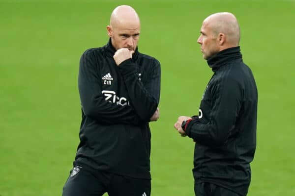 Ajax manager Erik ten Hag and assistant coach Alfred Schreuder during the training session at Tottenham Hotspur Stadium, London.