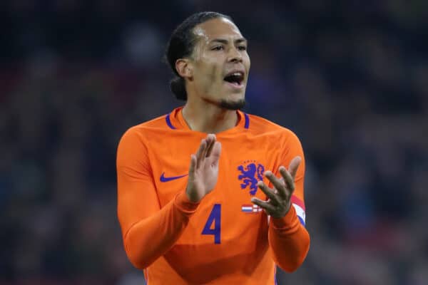 Reactie van Nederlander Virgil van Dijk na het laatste fluitsignaal tijdens de interlandelijke vriendschappelijke wedstrijd in de Amsterdam Arena