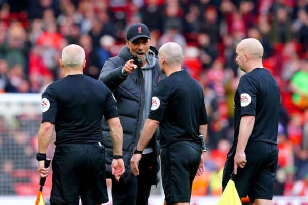 Jurgen Klopp accused referee Paul Tierney, second right, of unprofessionalism after Liverpool's draw with Tottenham at Anfield (Peter Byrne/PA)