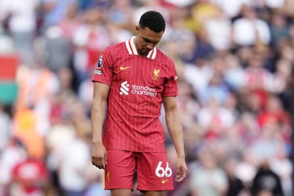 Liverpool's Trent Alexander-Arnold stands dejected during the Premier League match at Anfield, Liverpool. Picture date: Sunday May 11, 2025.