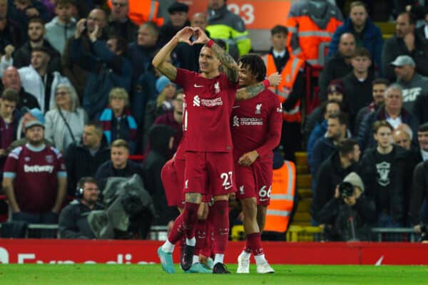 Liverpool's Darwin Nunez celebrates scoring their side's first goal of the game during the Premier League match at Anfield, Liverpool. Picture date: Wednesday October 19, 2022.