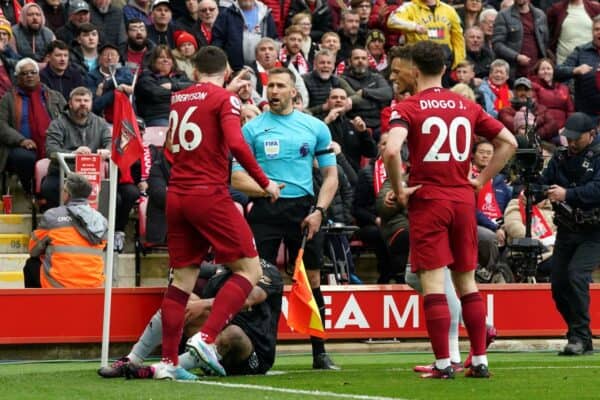 Andy Robertson appeals to assistant referee Constantine Hatzidakis (Nick Potts/PA)