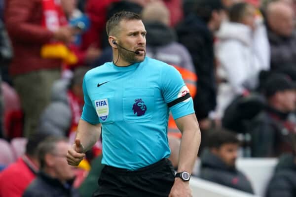 Assistant referee Constantine Hatzidakis during the Premier League match at Anfield, Liverpool. Picture date: Sunday April 9, 2023.