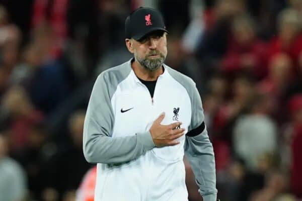 Liverpool manager Jurgen Klopp acknowledges the fans after the UEFA Champions League match at Anfield, Liverpool. Picture date: Tuesday September 13, 2022. Martin Rickett/PA Wire/PA Images