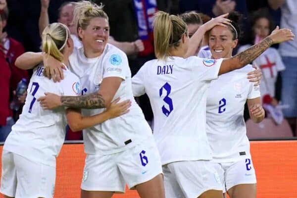 England's Lucy Bronze (right) celebrates with her team-mates after scoring their side's second goal of the game during the UEFA Women's Euro 2022 semi-final match at Bramall Lane, Sheffield. Picture date: Tuesday July 26, 2022. Danny Lawson/PA Wire/PA Images