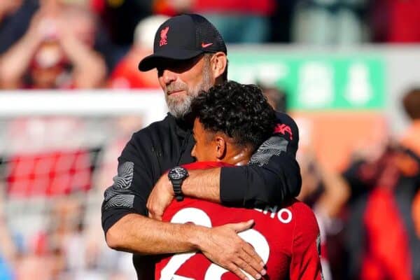 Liverpool manager Jurgen Klopp hugs Fabio Carvalho at the end of the Premier League match at Anfield, Liverpool. Picture date: Saturday August 27, 2022. Peter Byrne/PA Wire/PA Images